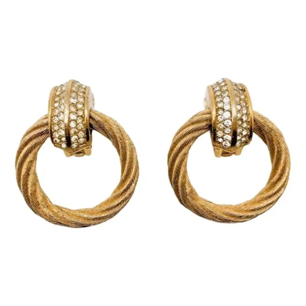 Vintage Dior Gold & Crystal Rope Hoop Earrings 1980s.vtg Christian Dior jewelry